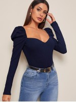 Sweetheart Neck Gigot Sleeve Rib-knit Top