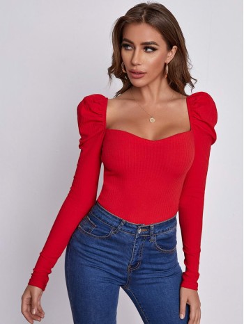 Sweetheart Neck Leg-of-mutton Sleeve Top