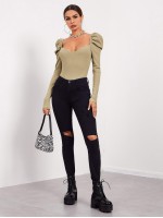 Sweetheart Neck Leg-of-mutton Sleeve Top