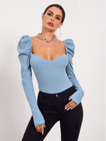 Sweetheart Neck Leg-of-mutton Sleeve Top