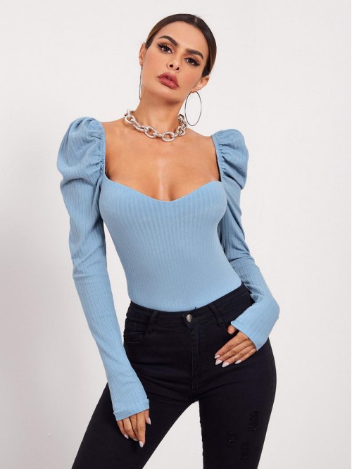 Sweetheart Neck Leg-of-mutton Sleeve Top