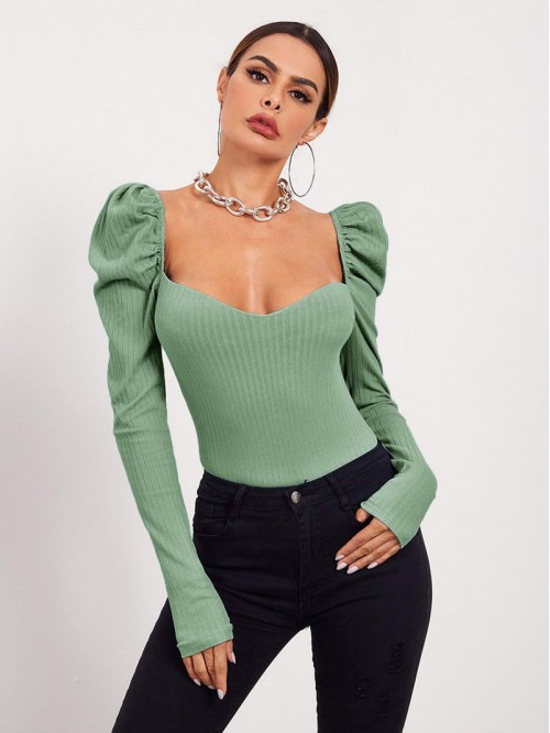 Sweetheart Neck Leg-of-mutton Sleeve Top