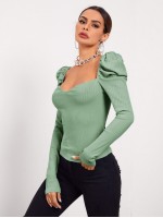 Sweetheart Neck Leg-of-mutton Sleeve Top