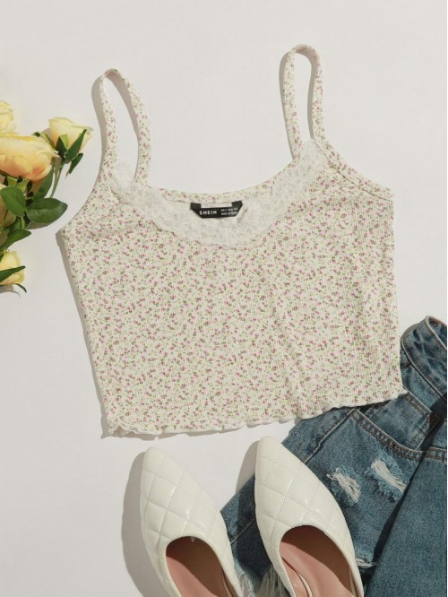 Ditsy Floral Lace Insert Lettuce Trim Cami Top