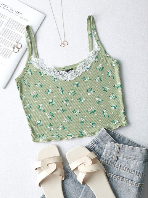 Ditsy Floral Lace Insert Lettuce Trim Cami Top