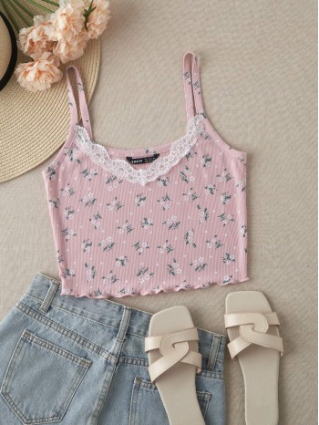 Floral Print Lace Insert Lettuce Trim Cami Top