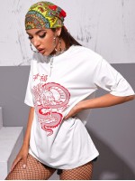 Chinese Character and Dragon Print Dropped Shoulder Tee