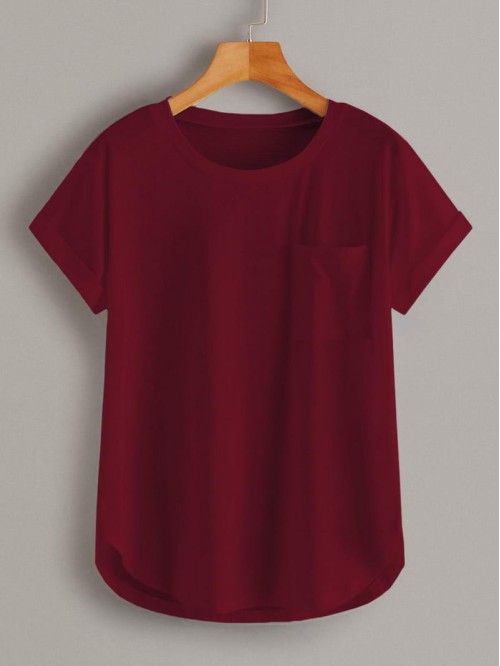 Solid Rolled Up Curved Hem Tee