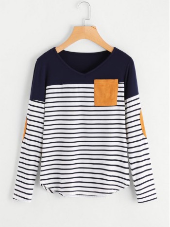 Striped Elbow Patch Curved Hem T-shirt