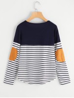 Striped Elbow Patch Curved Hem T-shirt