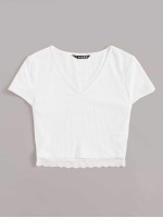 V-neck Lace Hem Rib-knit Tee