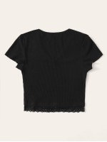 V-neck Lace Hem Rib-knit Tee