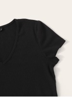 V-neck Lace Hem Rib-knit Tee