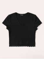 V-neck Lace Hem Rib-knit Tee