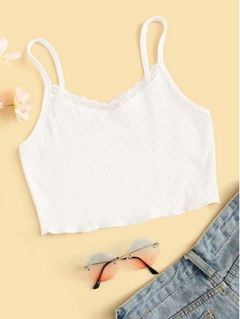 Scalloped Lace Ribbed Cropped Cami Top