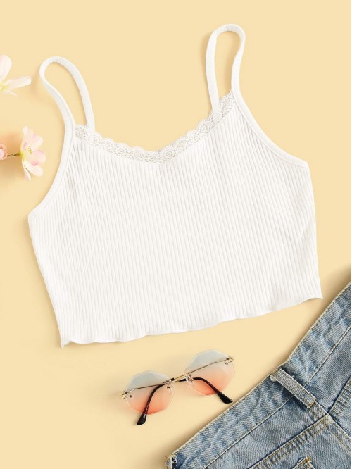 Scalloped Lace Ribbed Cropped Cami Top