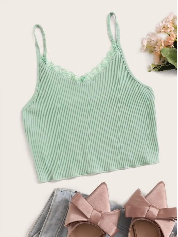 Ribbed Scalloped Lace Cropped Cami Top