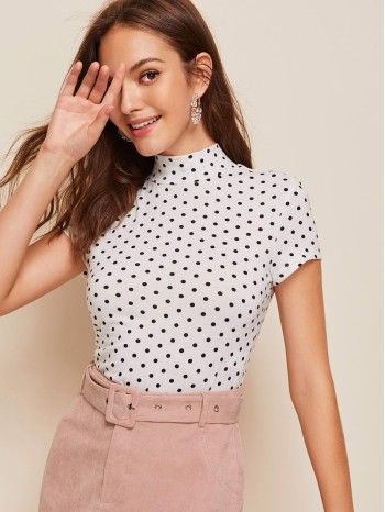 Polka-dot Print Mock-neck Slim Top