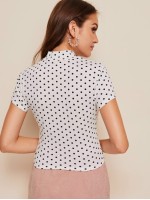 Polka-dot Print Mock-neck Slim Top