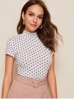 Polka-dot Print Mock-neck Slim Top