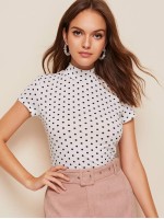 Polka-dot Print Mock-neck Slim Top