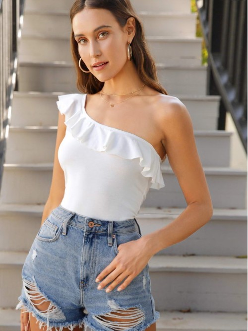 One Shoulder Ruffle Trim Top