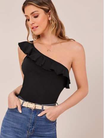 One Shoulder Ruffle Trim Top