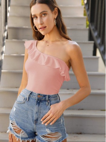 One Shoulder Ruffle Trim Top