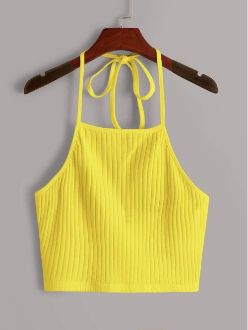 Neon Yellow Tie Back Rib-knit Halter Top