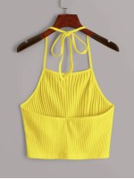 Neon Yellow Tie Back Rib-knit Halter Top