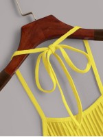 Neon Yellow Tie Back Rib-knit Halter Top