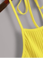 Neon Yellow Tie Back Rib-knit Halter Top