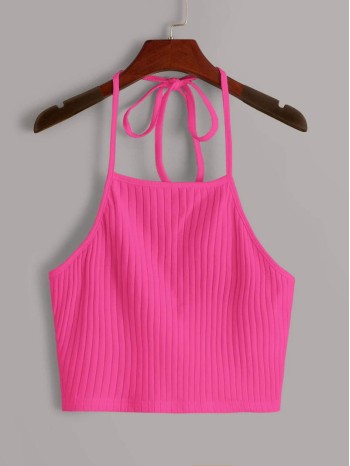 Ribbed Neon Pink Cropped Halter Top