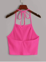 Ribbed Neon Pink Cropped Halter Top