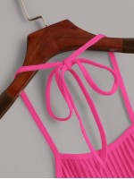 Ribbed Neon Pink Cropped Halter Top