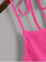 Ribbed Neon Pink Cropped Halter Top