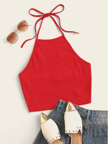 Solid Rib-knit Halter Top