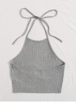 Tie Back Rib-knit Crop Halter Top