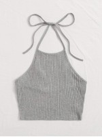 Tie Back Rib-knit Crop Halter Top