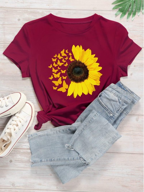 Sunflower And Butterfly Print Tee