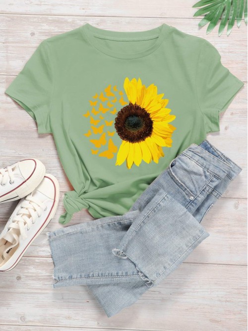 Sunflower And Butterfly Print Tee