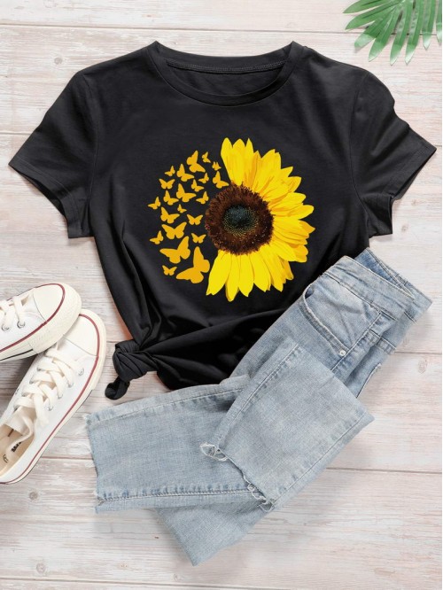 Sunflower And Butterfly Print Tee