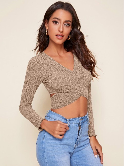 Crisscross Tie Back Rib-knit Crop Top