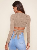 Crisscross Tie Back Rib-knit Crop Top