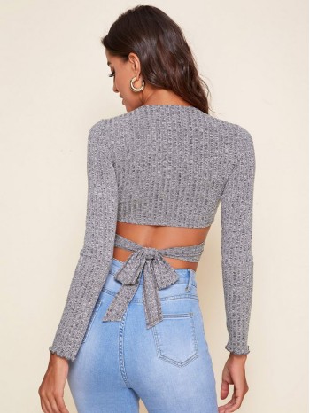 Crisscross Tie Back Rib-knit Crop Top