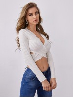 Crisscross Tie Back Rib-knit Crop Top