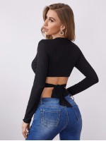 Crisscross Tie Back Rib-knit Crop Top