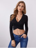 Crisscross Tie Back Rib-knit Crop Top