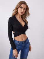 Crisscross Tie Back Rib-knit Crop Top