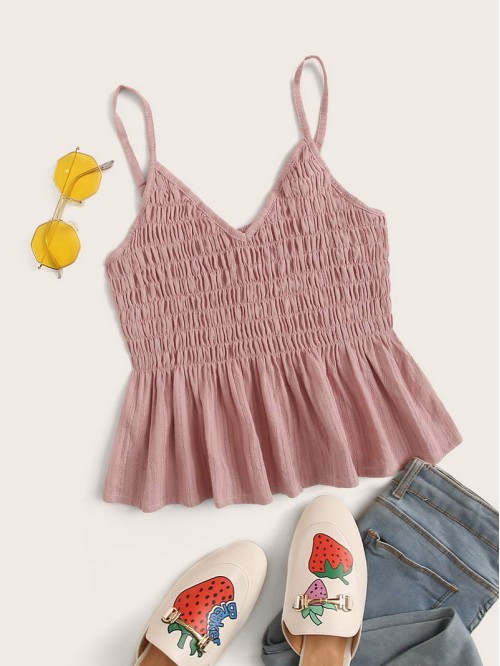 Solid Shirred Ruffle Hem Cami Top